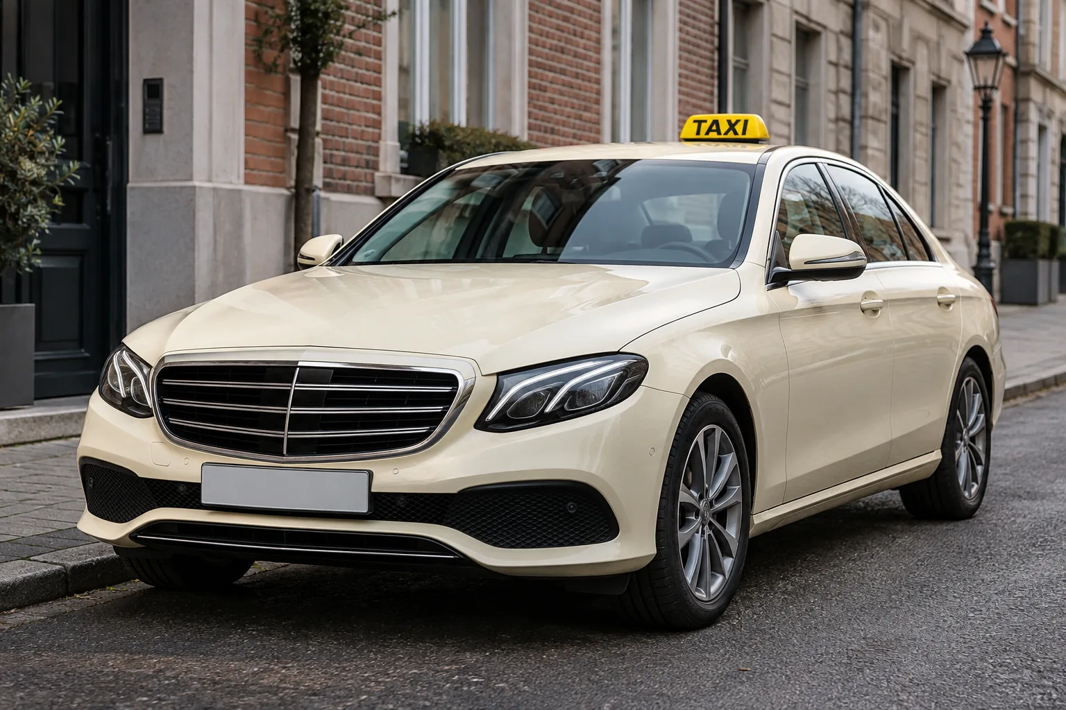 Elfenbeinfarbenes Taxi an einer Straße – KI-generiertes Symbolbild