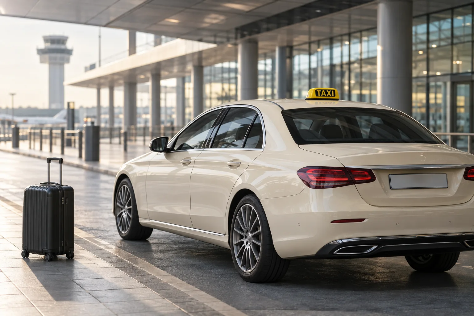 Taxi und Reisekoffer an einem Terminal – KI-generiertes Symbolbild